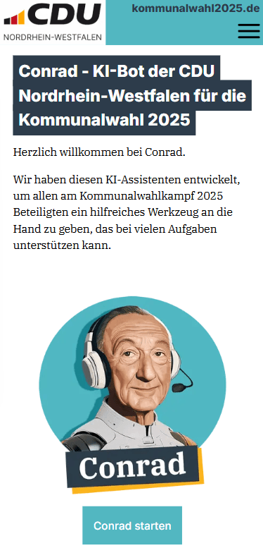 Der KI-Chatbot Conrad von der CDU Nordhrein-Westfalen - entwickelt von Digital Mavericks / DMVX